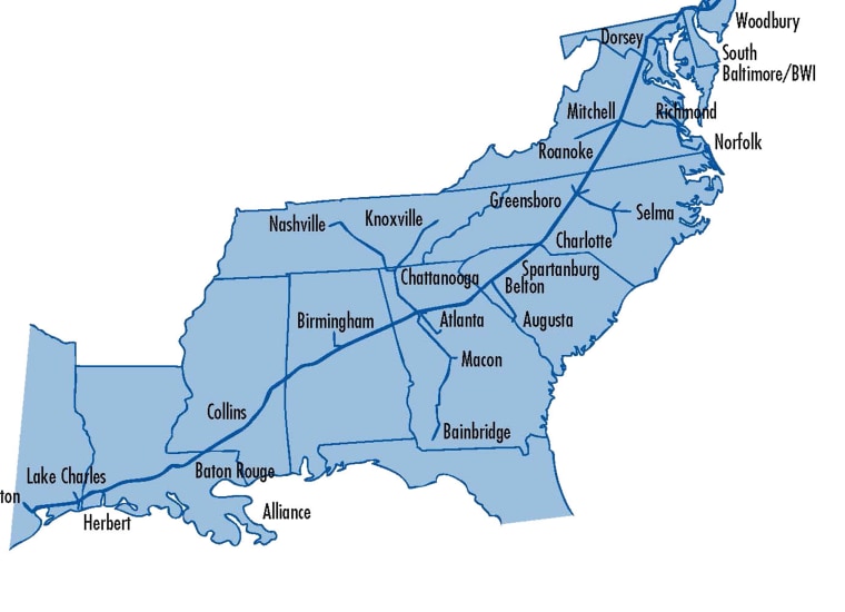 Colonial Pipeline originates in Texas and travels through Louisiana, Mississippi, Alabama, Georgia, South Carolina, North Carolina, Virginia, Maryland, Pennsylvania, and New Jersey.