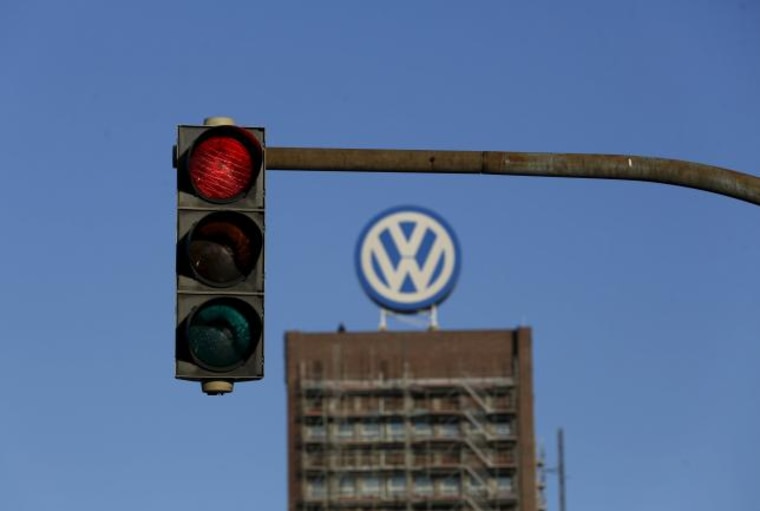 File photo of a traffic light showing red next to the Volkswagen factory in Wolfsburg