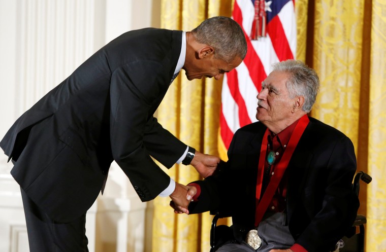 U.S. President Barack Obama awards the 2015 National Humanities Medal to author Anaya at the White House in Washington
