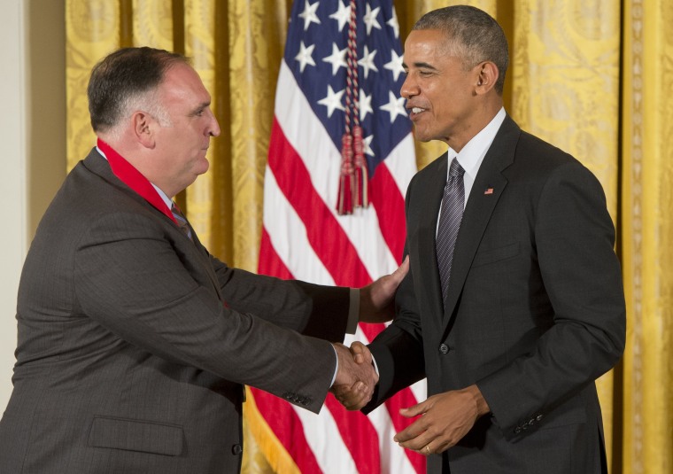 U.S. President Barack Obama presents chef Jose Andres with the 2015 National Humanities Medal