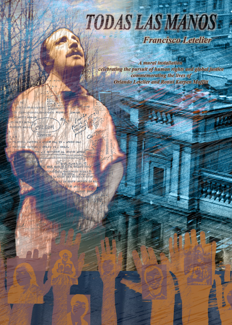 "Todas Las Manos" flyer for Francisco Letelier's mural installation at American University in Washington D.C.