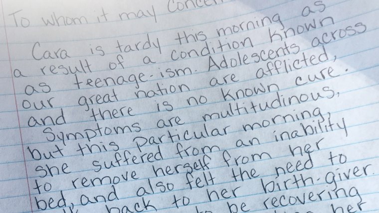Mom writes note for daughter running late to school blames "teenage-ism"