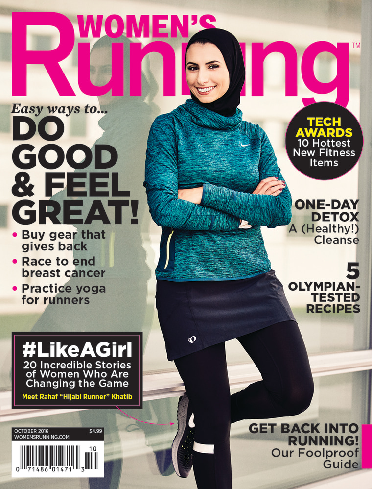 32-year-old Rahaf Khatib from Michigan was featured in the Oct. 2016 issue of Women's Running magazine. She is the first known hijabi woman to be prominently featured on the cover of a lifestyle and fitness magazine.