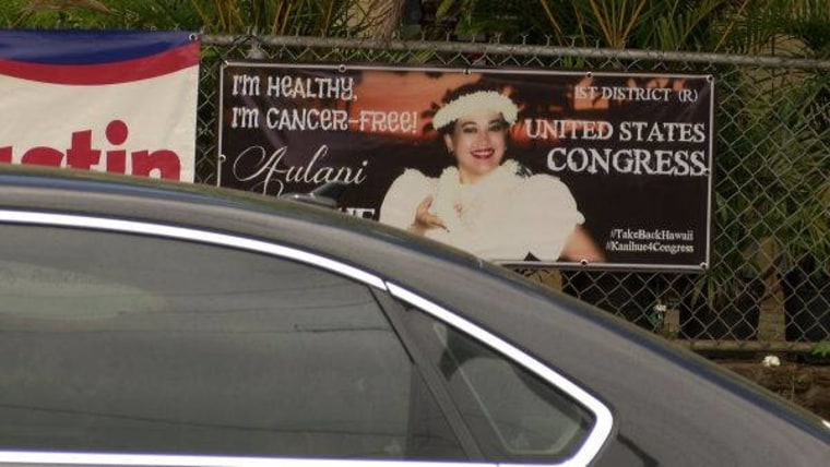 A photo of one of Angela Aulani Kaaihue's campaign signs.