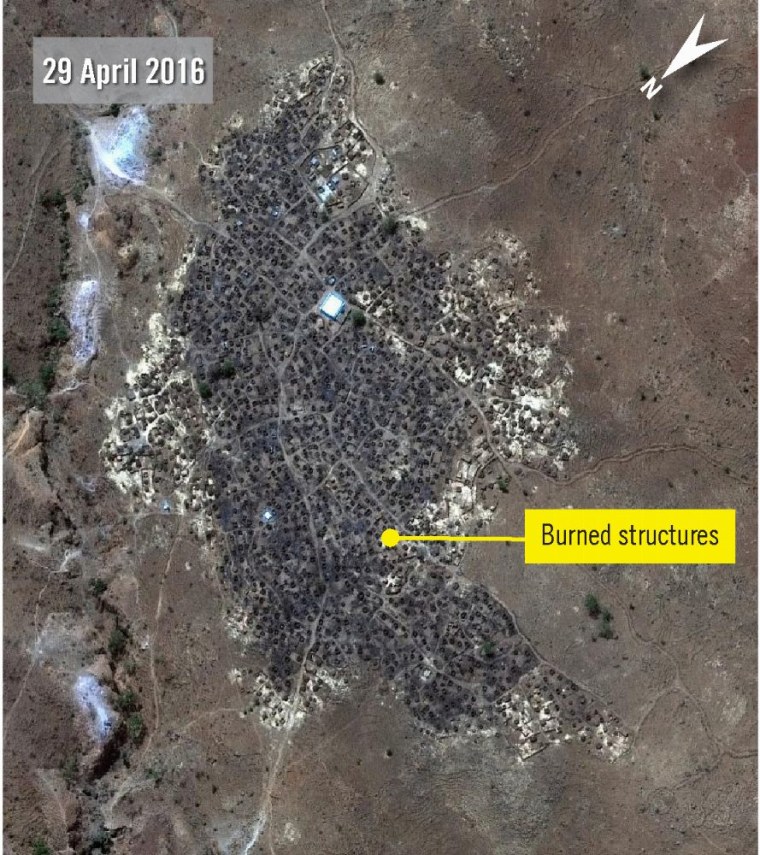 A satellite image provided by Amnesty International shows the village of Karmal razed by fire.