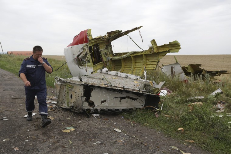 Image: A Ukrainian rescue worker passes wreckage of Malaysia Arilines flight MH17, which was brought down by a missile on July 14, 2014.