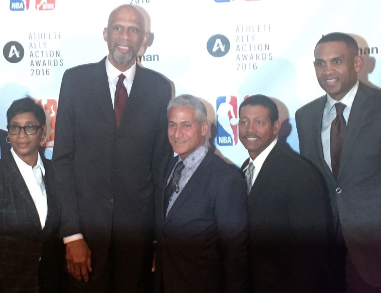 (L-R) Violet Palmer, Kareem Abdul-Jabbar, Greg Louganis, Bill Kennedy, and Grant Hill at the Athlete Ally Action Awards in NYC on Sept. 27, 2016.