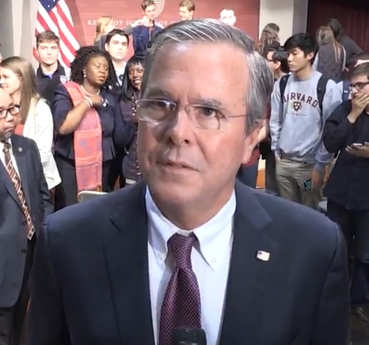 Jeb Bush speaks to reporters at Harvard's Kennedy School of Government on Thursday, Sept. 29, 2016.