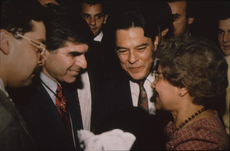 Willie Velasquez with Michael Dukakis in San Antonio, Texas.