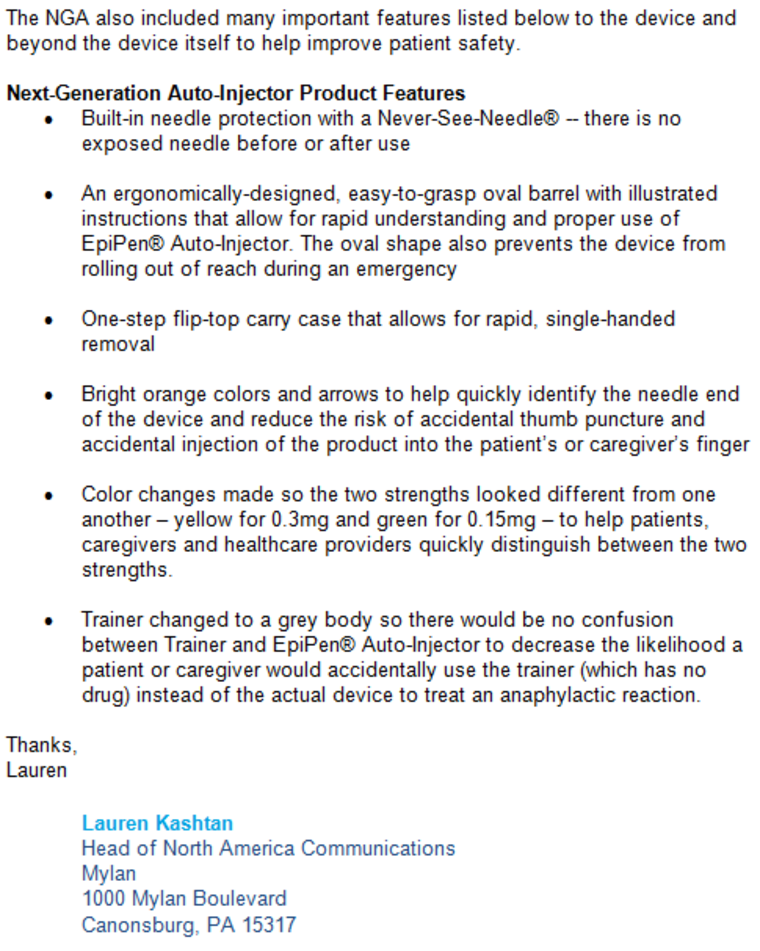 Mylan's list of EpiPen improvements