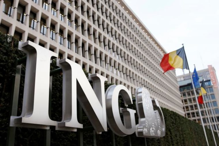 The logo of ING bank is seen at the entrance of the group's main office in Brussels