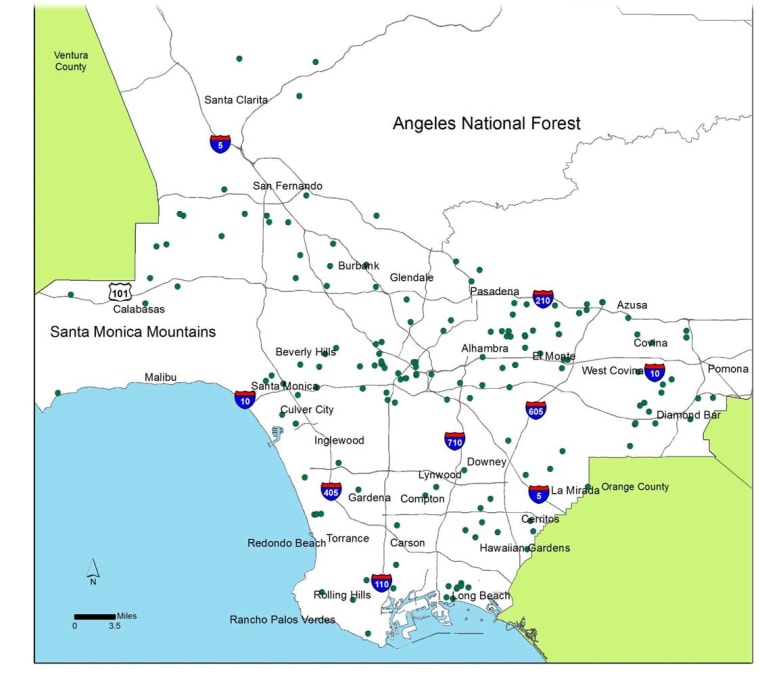 A map of hate crimes in LA County in 2015.