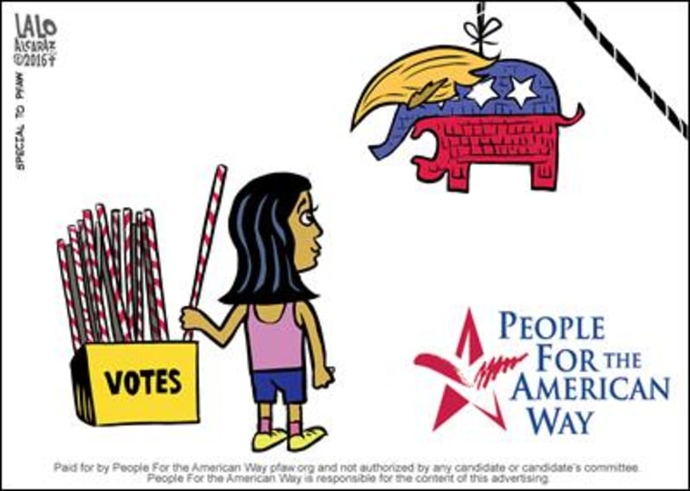 Political cartoon by Lalo Alcaraz for the People for the American Way voter registration initiative.