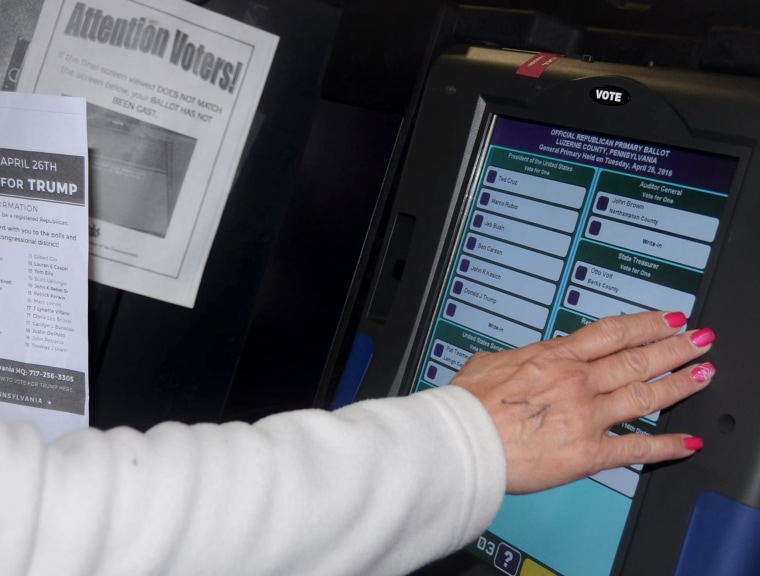 A woman prepares to cast her vote during Pennsylvania's presidential primary in Hazleton, Penn. on April 26.