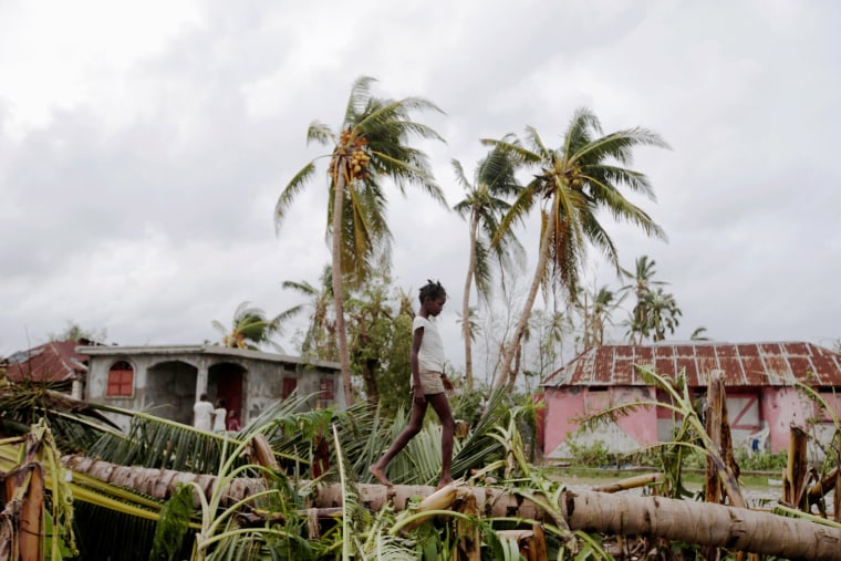 Image: A girl walks on a tree damaged by Hurricane Matthew in Les Cayes