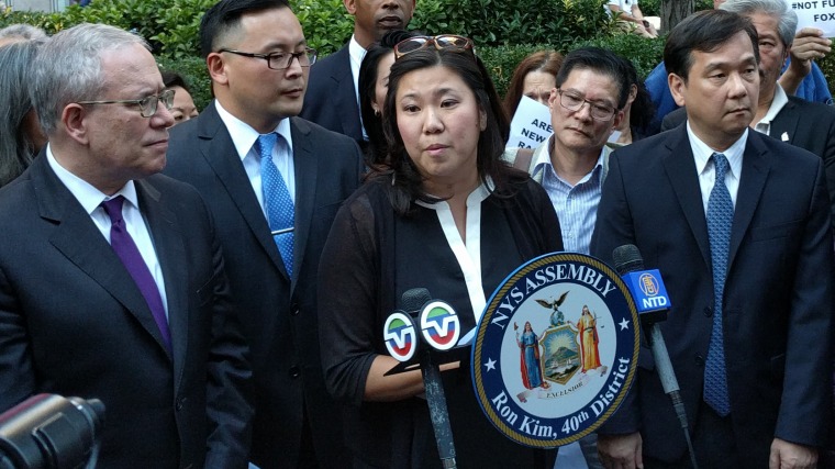 U.S. Rep. Grace Meng (D-NY) speaks Thursday, Oct. 6, 2016, during a press conference outside of Fox, News Corp.'s headquarters in midtown Manhattan