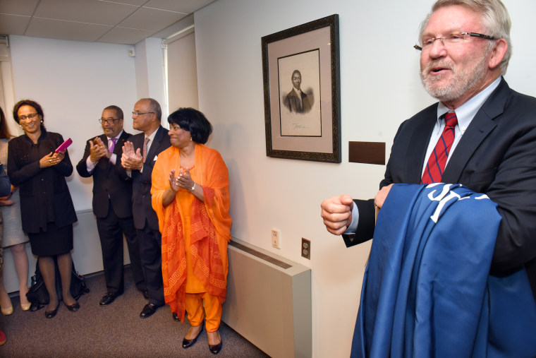 Dean Sterling spoke at the dedication ceremony for the renamed Yale Divinity School classroom named after James Pennington.