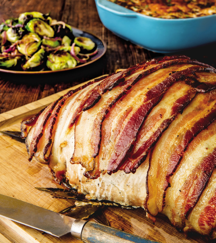 Bacon Roasted Turkey with Scalloped Potatoes and Brussels Sprouts recipe from Guy Fieri