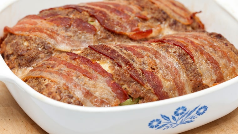 Baked Egg and Vegetables stuffed meatloaf covered with bacon