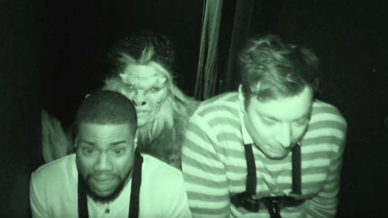 Kevin Hart and host Jimmy Fallon during the "Jimmy and Kevin Go to a Haunted House" sketch on October 13, 2016