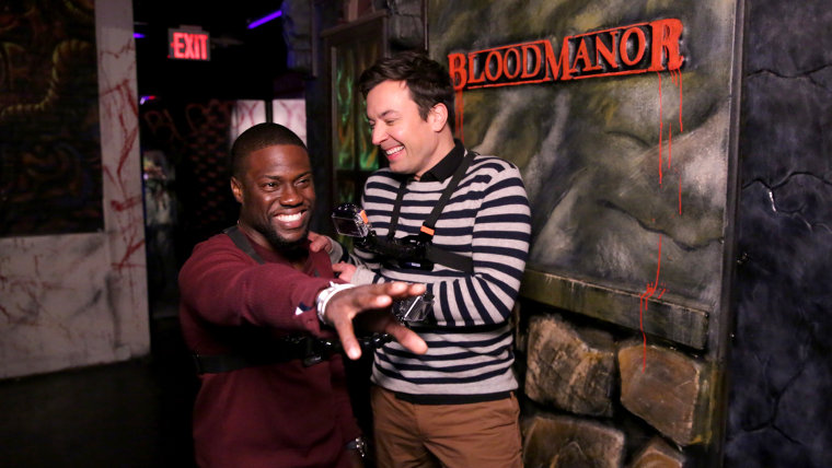 Kevin Hart and host Jimmy Fallon during the "Jimmy and Kevin Go to a Haunted House" sketch on October 13, 2016