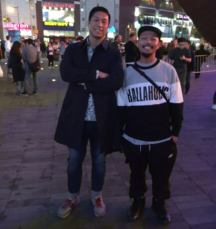 Mark Kaijima, left, and Yoshikazu Tanamachi outside Barclays Center in downtown Brooklyn before Jeremy Lin's preseason opener with the Brooklyn Nets on Oct. 6. Kaijima, a Japanese American, says Lin's "being full-blooded Asian kind of gives us inspiration."