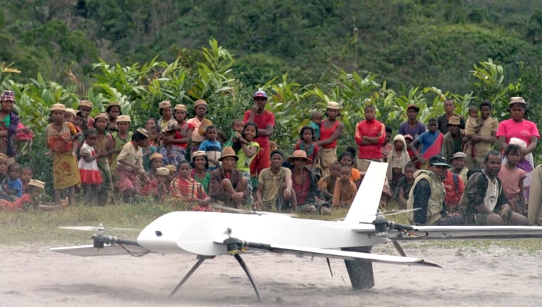 A Vayu drone takes off in a remote village in Madagascar.