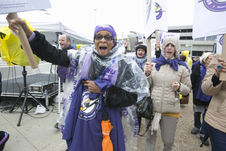 Hazel Ingram proudly marches alongside fellow SEIU union workers in November 2015. At 93, Ingram is the oldest active worker in the SEIU, which has over 15,000 members.