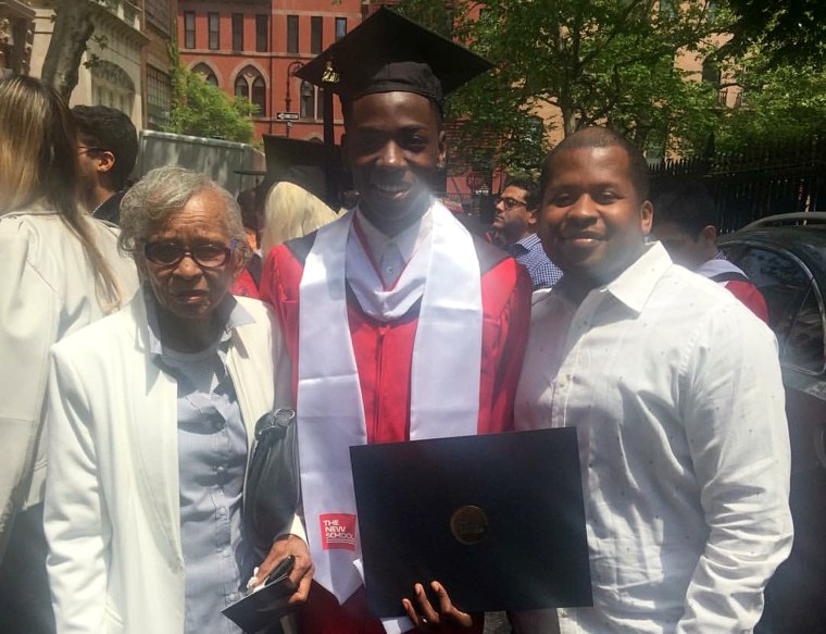 Picture of graduation -- Hazel Ingraham (L) celebrates her great grandson Nasir Jones' (Middle) graduation with his Uncle, Dayton Ingram Tucker (R) from New York's The New School in May 2015.