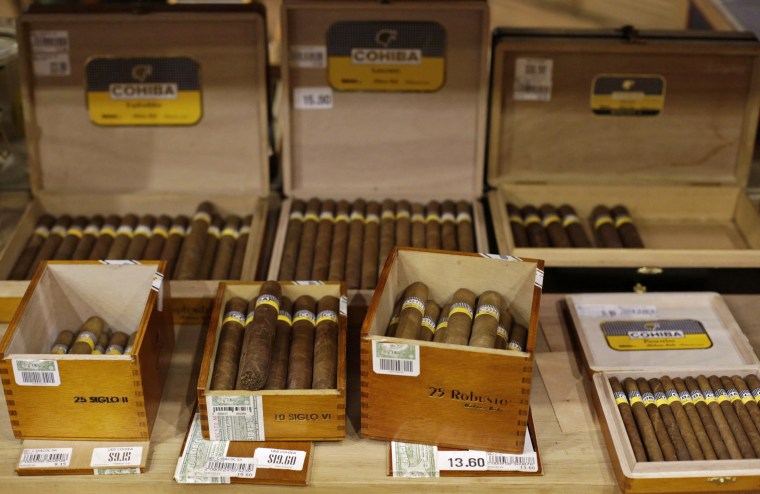 Image: Cuban cigars for sale are on display at a hotel in Havana