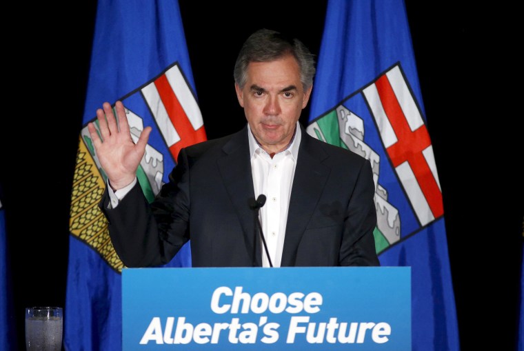 Image: Alberta Premier and PC party leader Prentice reacts after losing the Alberta election in Calgary