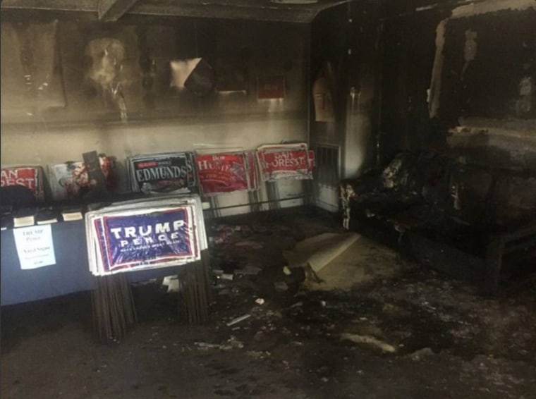 Image: Fire damage at the Republican Party office in Orange County, North Carolina.