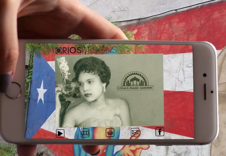 Oliver Rios' augmented reality photo of his mother Lydia in front of the wall of her famous garden - part of "Mi Querido Barrio" portion of "Home, Memory, Future."