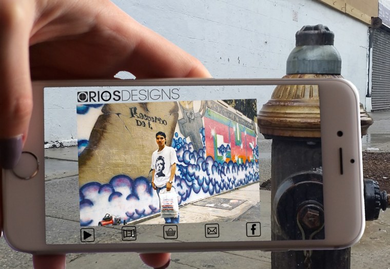 Oliver Rios' augmented reality photo of himself, at 19, in front of one of the popular graffiti murals he made in the 1990's