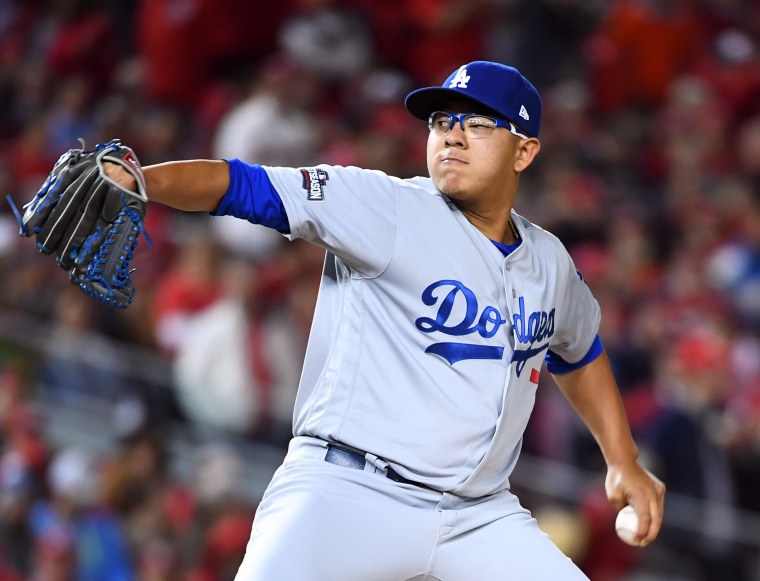 Relief pitcher Julio Urias of the Los Angeles Dodgers pitches against