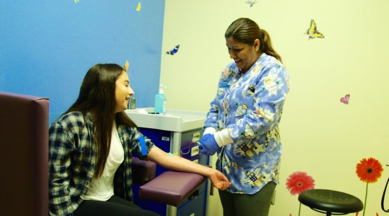Casey Longstreet has her blood drawn at the Children's Hospital of Los Angeles as part of her regular monitoring. 