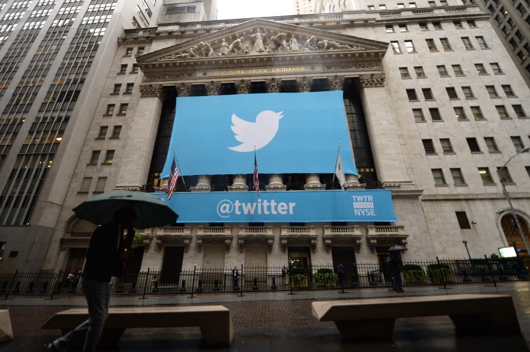 Image: A Twitter banner hangs outside the New York Stock Exchange