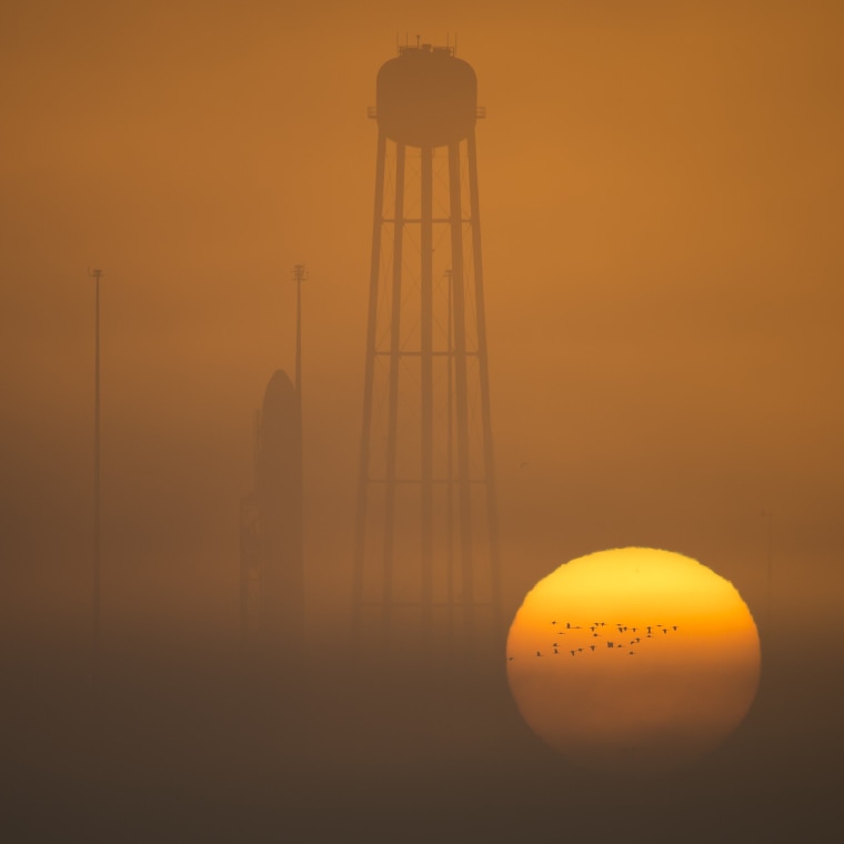 Image: The Orbital ATK Antares rocket, with the Cygnus spacecraft onboard stands on launch Pad-0A during sunrise