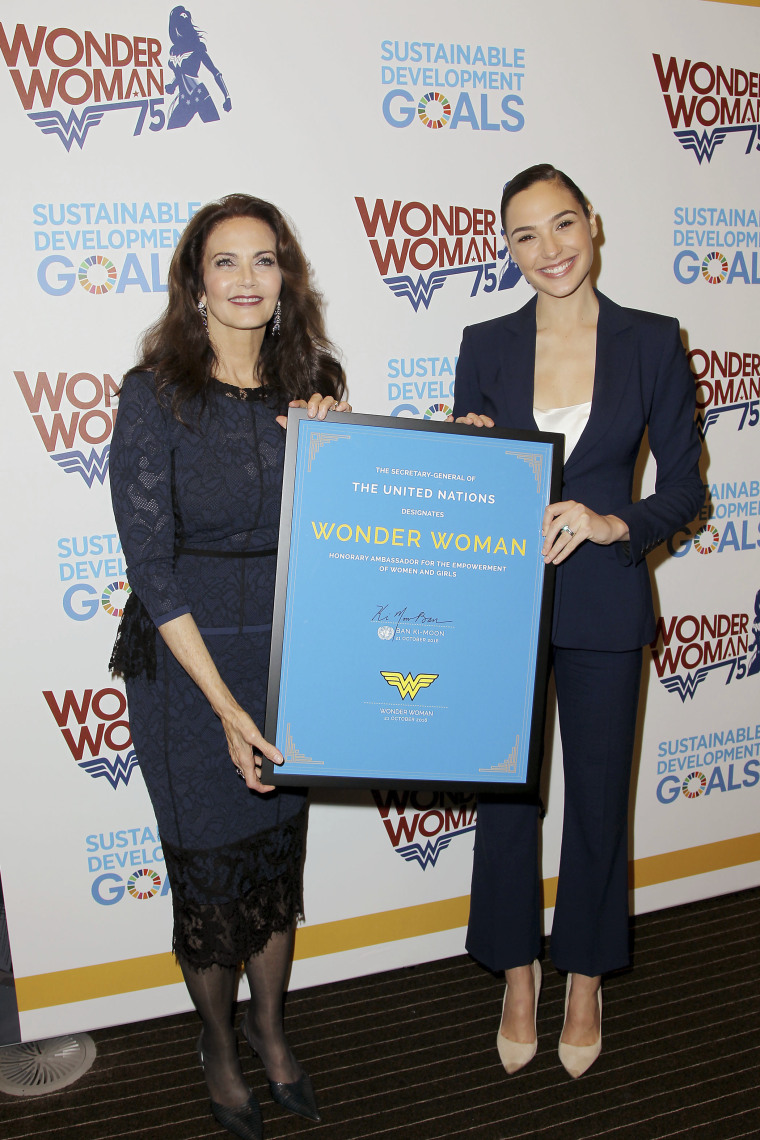 Actress Lynda Carter, who starred in the 1970s series,"Wonder Woman," left, and actress Gal Gadot, who stars in the upcoming film, "Wonder Woman," at the United Nations.