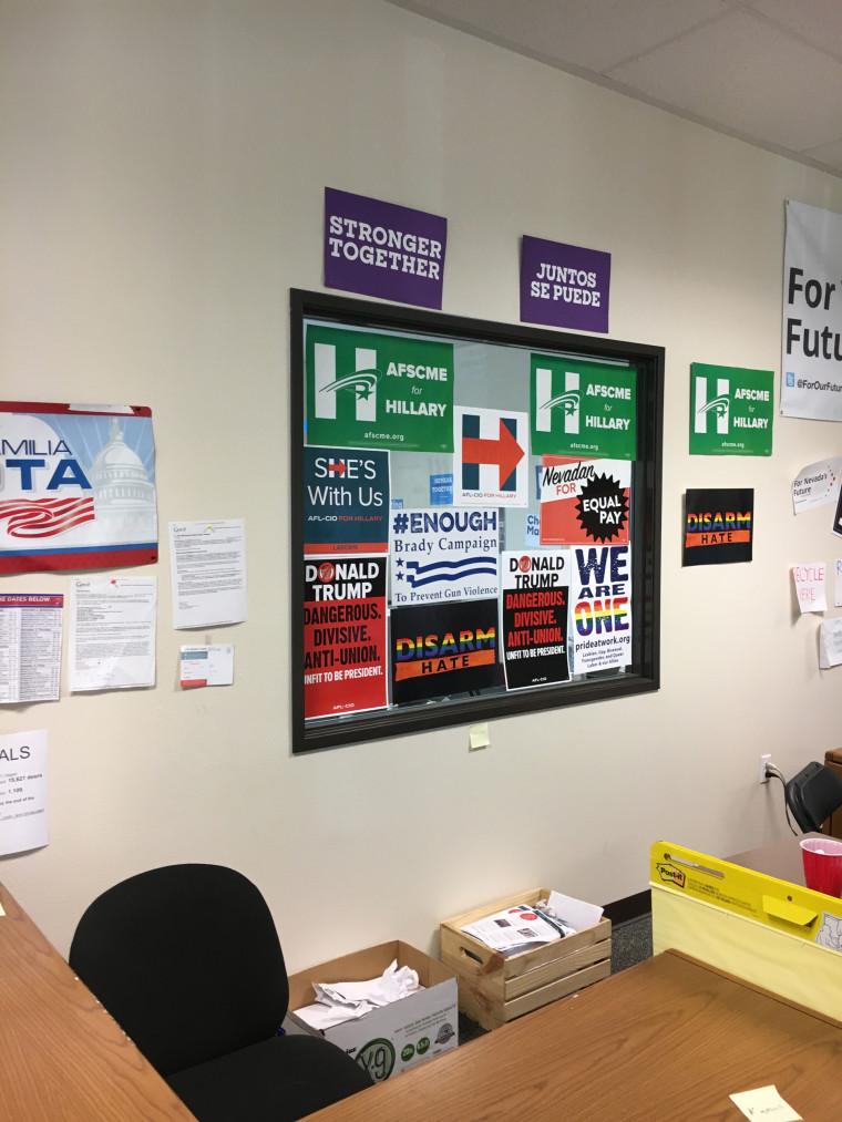 Hillary Clinton Signs adorn the offices of For Our Future in Las Vegas, NV