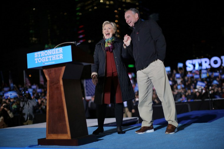 Image: U.S. Democratic presidential nominee Hillary Clinton and vice presidential candidate Tim Kaine attend a campaign rally in downtown Philadelphia