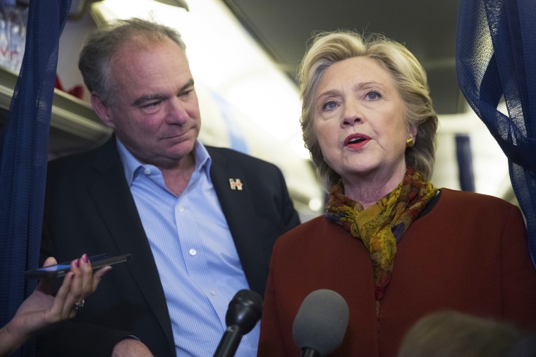 Image: Image: Democratic presidential nominee former Secretary of State Hillary Clinton (R) and vice presidential nominee U.S. Sen. Tim Kaine