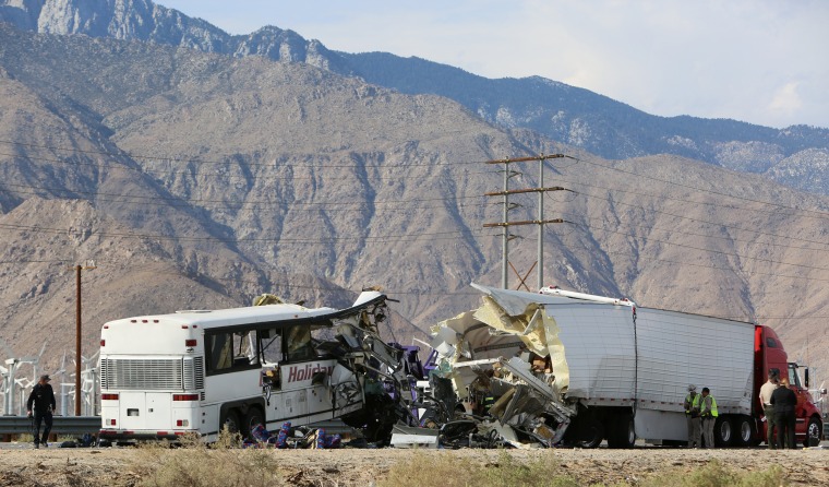 Image: The scene of a mass casualty bus crash on the westbound Interstate 10 freeway near Palm Springs, California