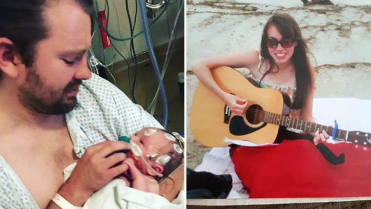 Jared Buhannan-Decker with newborn son, JJ, and his mom playing the guitar