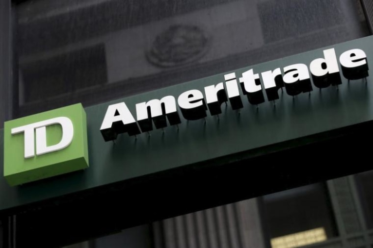 A TD Ameritrade sign is seen outside a branch in the financial district in New York