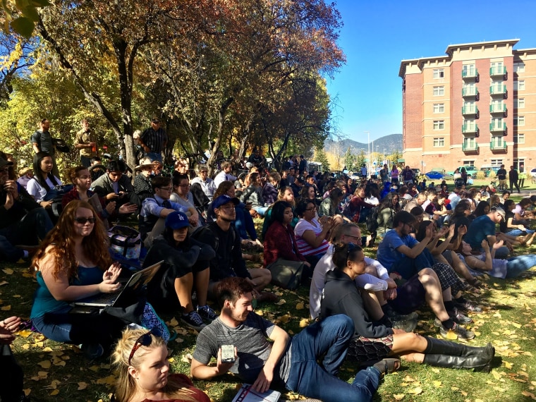 Students overflow outside the Bernie Sanders rally for Hillary Clinton at Northern Arizona University, Flagstaff, Arizona