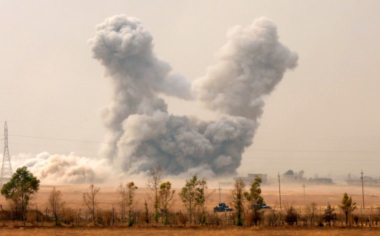 Image: Smoke rises after an U.S. airstrike, while the Iraqi army pushes into Topzawa village during the operation against Islamic State militants near Bashiqa