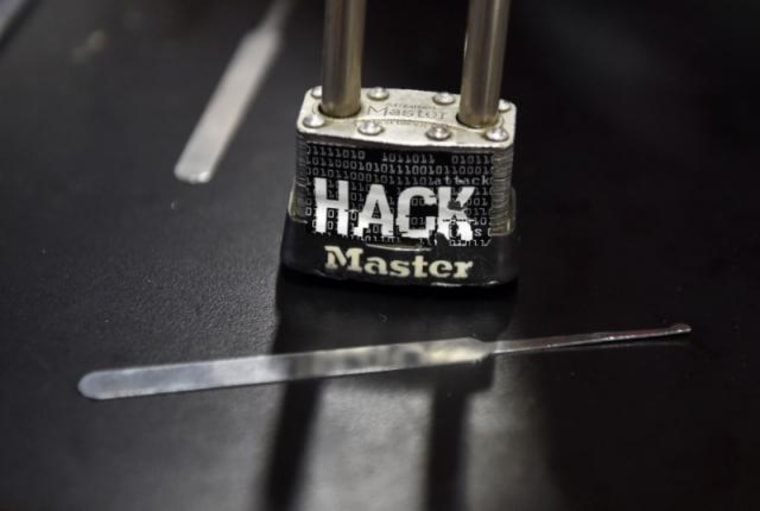 A padlock is displayed at the Alert Logic booth during the 2016 Black Hat cyber-security conference in Las Vegas