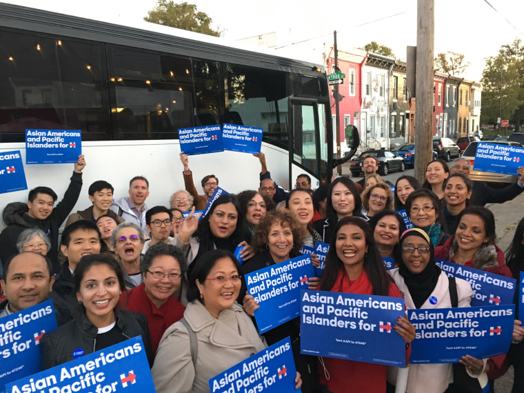 Volunteers bus from New York and New Jersey to Pennsylvania to stump for Hillary Clinton .