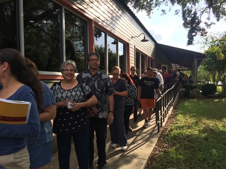 A line formed at an early voting location in Leon Valley, Texas on the first day of early voting in the state.